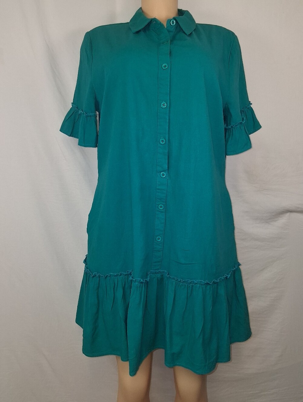 MEROKEETY Teal Ruffle-Hem Button-Front Mini Dress Size L